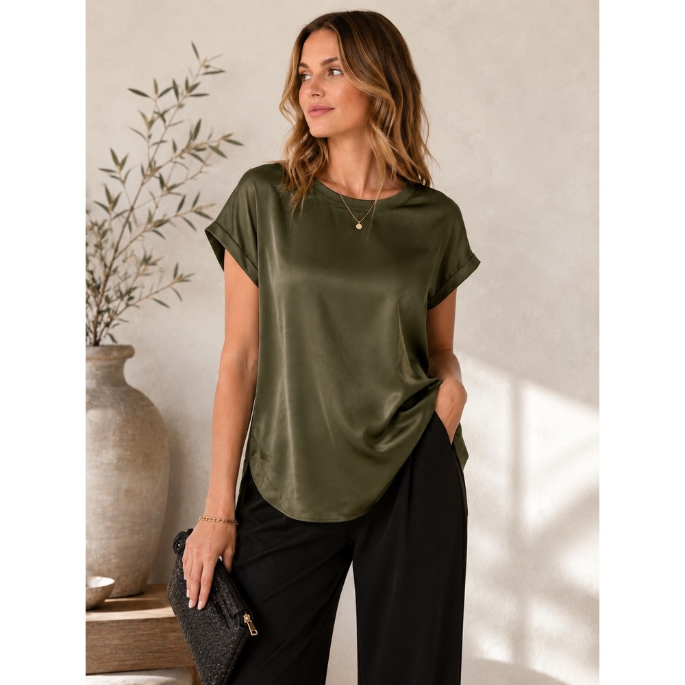 Vince Olive Green Silk Blouse Cashmere Womens XS Short Sleeve‎ Quiet Luxury